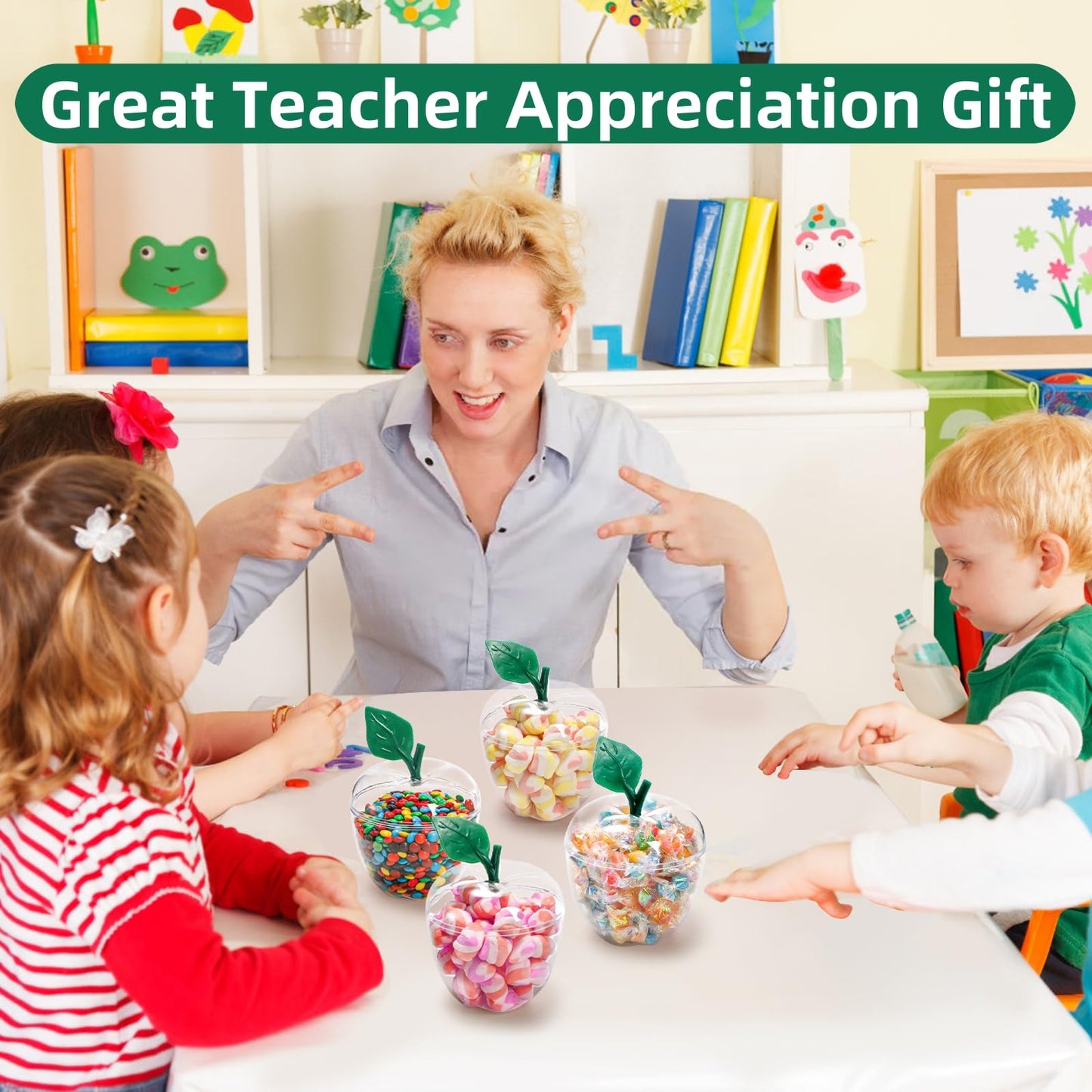 Cididu 4 Pcs Plastic Apple Container, Large Clear Candy Jar with Lid for Teacher Appreciation, Apple Shaped Candy Toy Filling Jars Decor Boxes for Back To School Christmas New Year Gift Snow Party