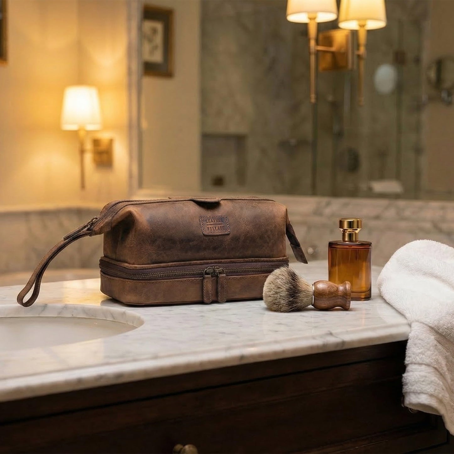 LEATHER VILLAGE Genuine Leather Dopp Kit – Large Travel Toiletry Bag with Waterproof Lining, Dual-Zip Design for Men & Women, Organizer for Shaving, Makeup & Essentials - Brown