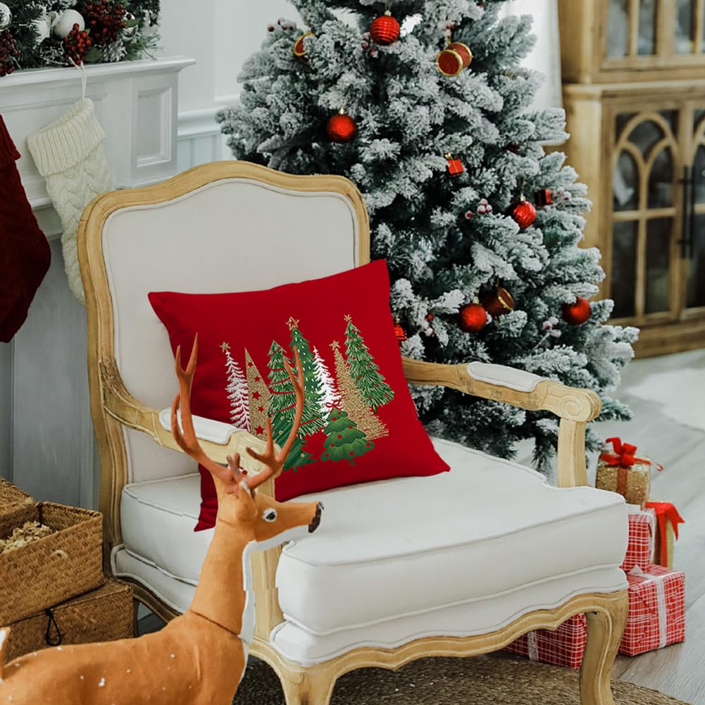 RABUSOFA Christmas Pillow Covers 20x20 Inch Tree Christmas Decorations Red Velvet Christmas Throw Pillow Cases Xmas Christmas Decor Winter Decorative Pillows for Couch Holiday Soft Gold