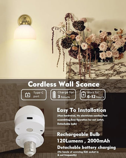 HEQIQEH Vintage Rechargeable Battery Operated Sconce Ribbed White Glass Shade Wall Lighting with Remote Control Dimmable Wall Mounted Lamp Fixture for Bedroom Vanity Bathroom Living Room