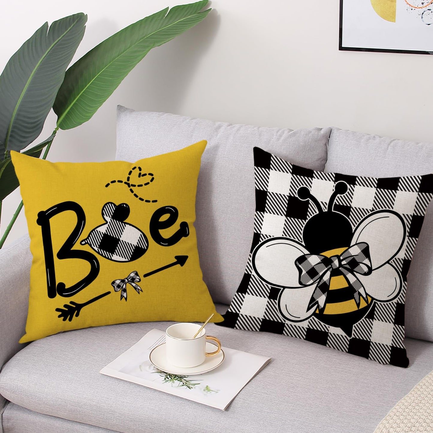 Coeufuedy Summer Bee Throw Pillow Covers 18 x 18 Set of 4 Black and White Buffalo Check Plaids Gnome Bee Summer Decorative Cushion Case for Sofa Couch Garden