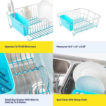 Sweet Home Collection 2 Piece Dish Drying Rack Set Drainer with Utensil Holder Simple Easy to Use Fits in Most Sinks, 14.5" x 13" x 5.25", Turquoise Blue