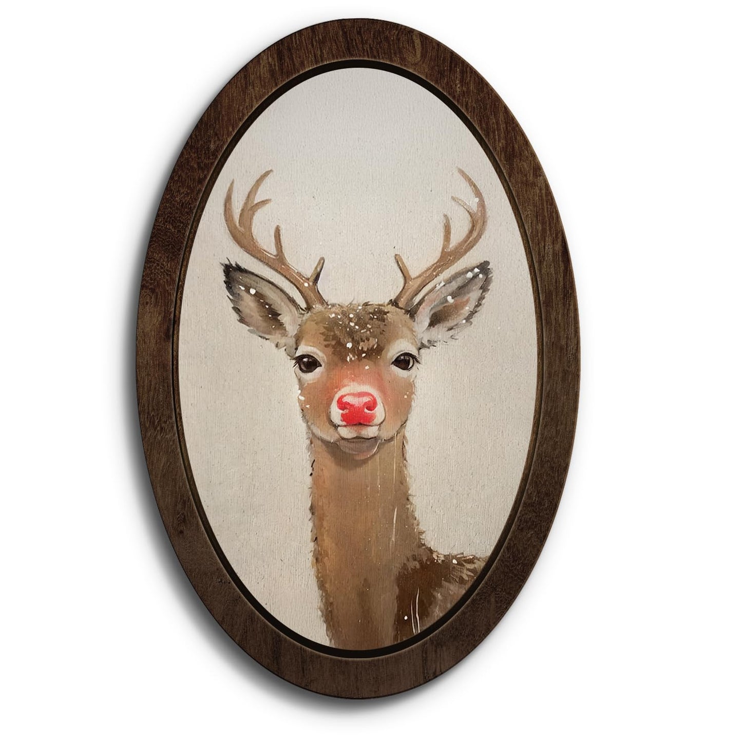 YZSLA Red Nose Reindeer Christmas Deer Framed Wall Art Decor, Christmas Home Room Decor, Rustic Winter Xmas Red Deer Holiday Wooden Oval Wall Decorations for Home Bedroom Living Room, 15.74x10.23