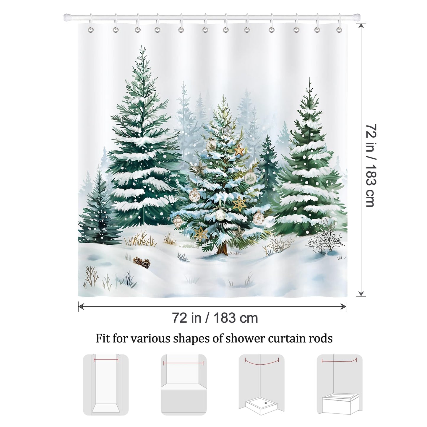 Bonhause Winter Christmas Shower Curtain, Snowy Forest Pine Tree Snow Landscape Bathroom Decor 72 x 72 Inch Polyester Fabric Waterproof Bath Curtain with 12 Hooks