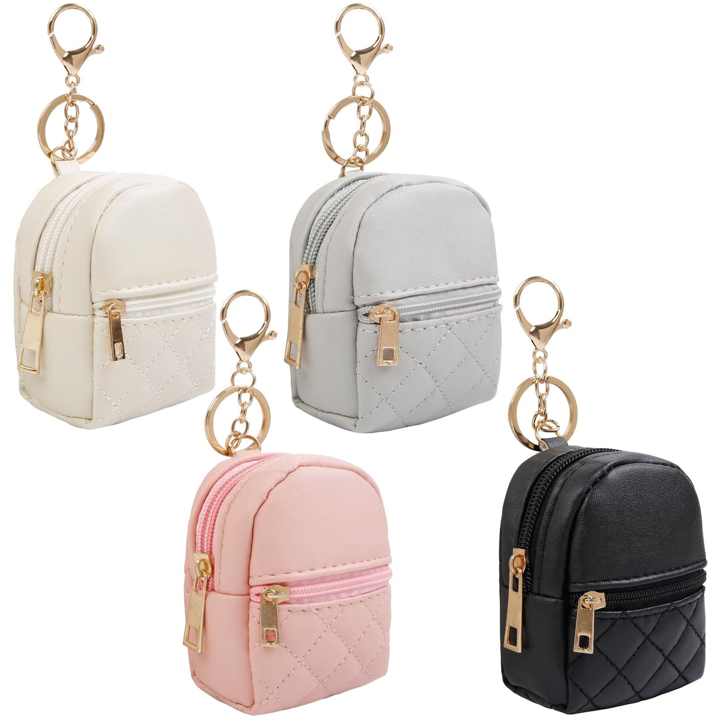 AIBFRID 4Pcs Mini Backpack Keychain,Cute Cosmetic Bag for Women Mother's Day,PU Leather Makeup Bag Key Pocket Lipstick Bag Card Holder Data Cable Organizer Zipper Pouch (black beige pink gray)