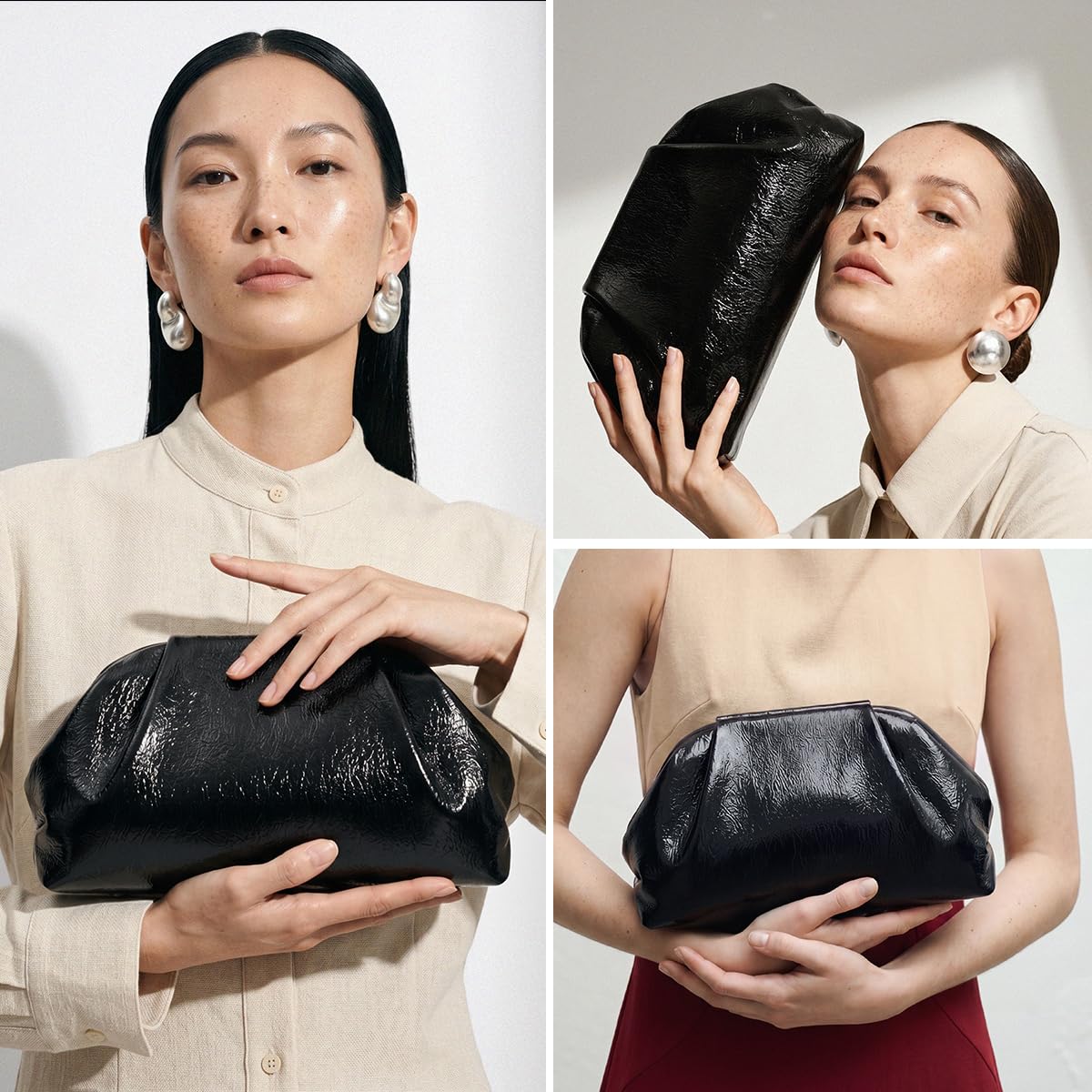 MXCMXC Elegant Evening Purse Cloud Pouch Bag for Women, Metallic Leather Ruched Clutch Dumpling Handbag for Wedding Party (Silver)
