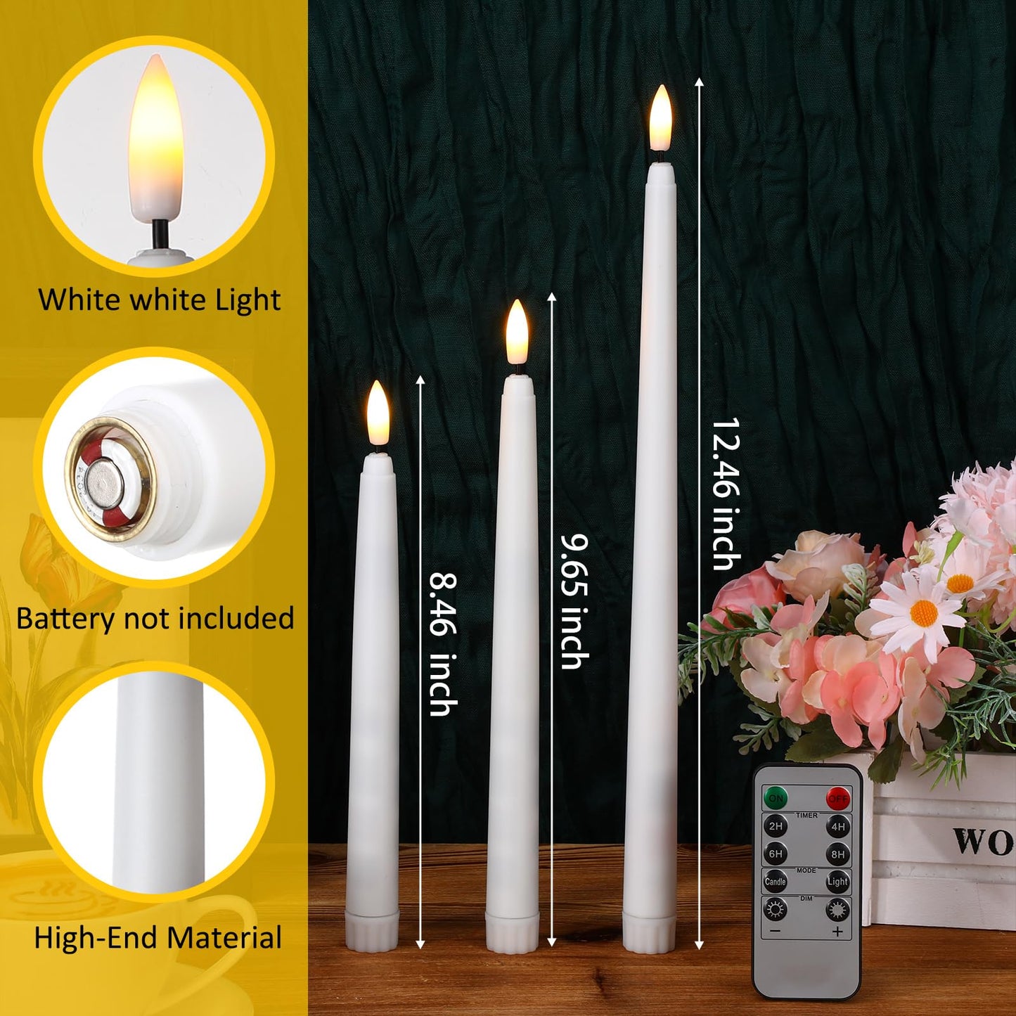 Tuanse 20 Pcs Flickering Flameless Taper Candles Bulk LED Battery Operated Realistic Flame Effect with Remote & Timer Safe No Fire Wax Drip Candles for Wedding Church Home Decor (8.46",White)