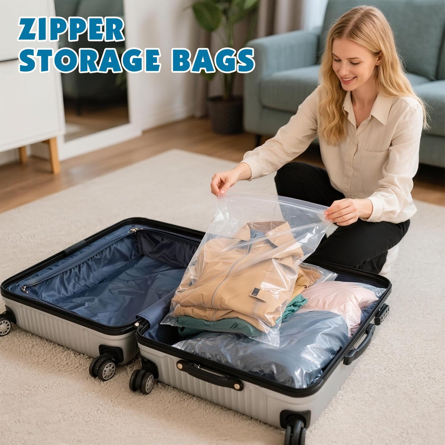 20 Pack Large 5 Gallon Storage Bags with Zipper Top, 18 x 24 inch Zipper Bags, Clear Plastic Bag for Storage, Reusable, Sealable Storage Bag for Clothes, Travel & Moving, Double-sided Thickness 4 Mil
