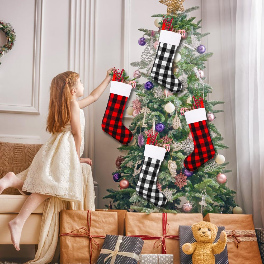 YUJUN 6 Pack 22 Inches Christmas Stockings, Xmas Large Black Red Buffalo Plaid Hanging Stockings Decorations for Christmas Tree Fireplace Family Holiday Party Decor (Red&White)