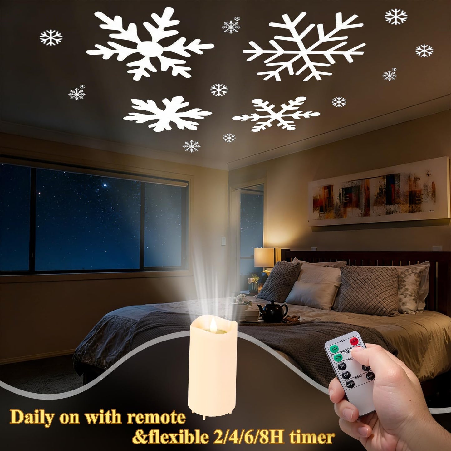 IMAGE Flameless Candles Light, Night Light with Projector, Battery/USB-C LED Candle Indoor Light Gift for Christmas Halloween Birthday Wedding Easter Home Decor, 6 Slides, Remote & Timer