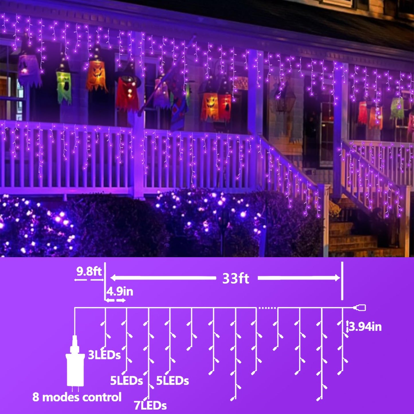 QITONG Purple Icicle Lights for Outside, 33ft 400 LED String Light Indoor Plug in, Clear Wire Connectable Icicle Christmas Lights with 8 Modes