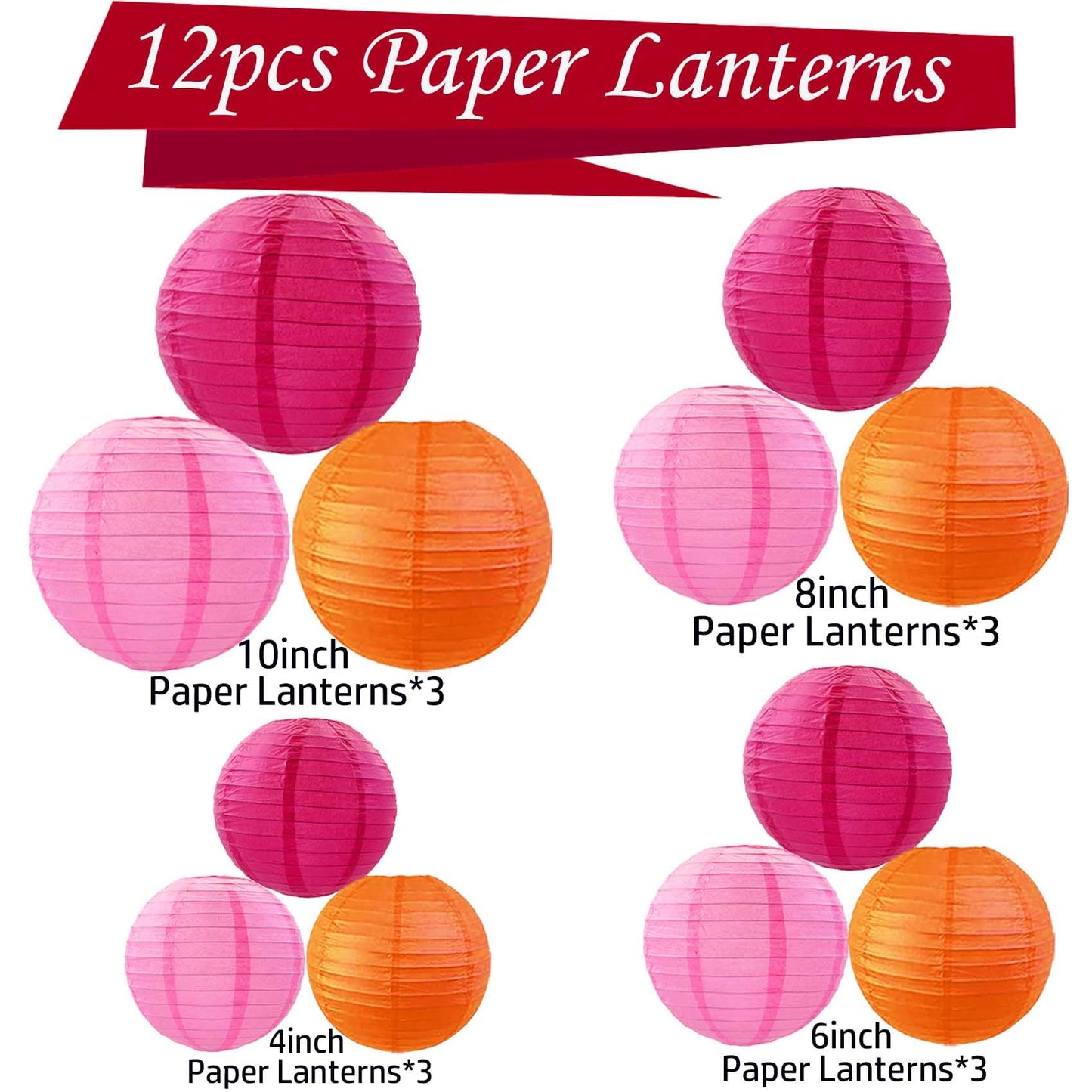 KUNYYI Hot Pink-Orange and Pink Paper Lanterns 12Pcs Hanging Lanterns for Birthday Party, Wedding, Home Decor, Baby Shower Festive Decoration