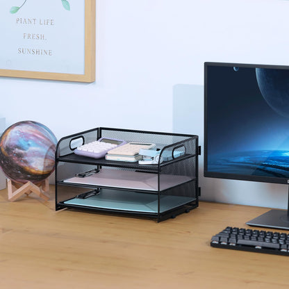 NCXTKJ 3-Tier Letter Tray Paper Organizer with Handle, Compact Mesh Desk File Organizer for Home Office Supplies Desktop Accessories,Black