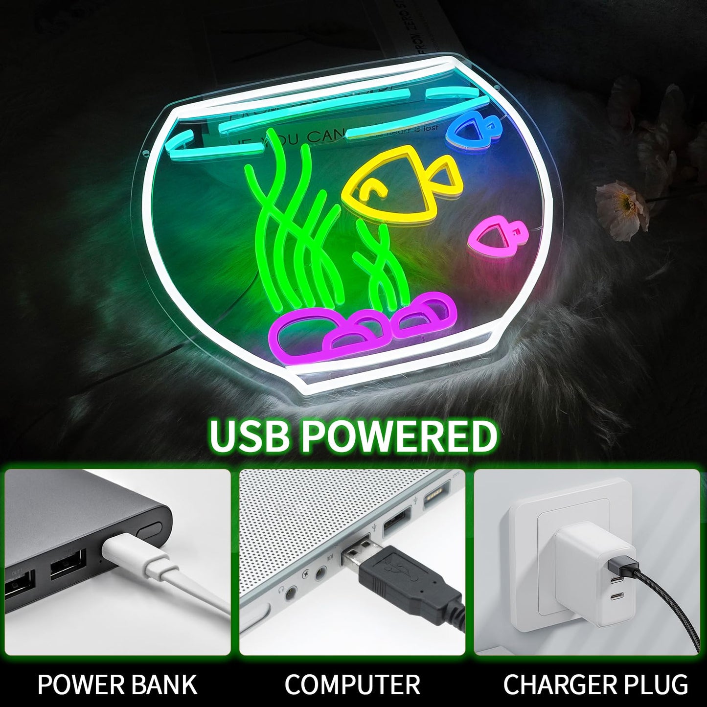 Virlusy Fish Tank Neon Sign for Wall Decor Dimmable Tropical Fish Led Light Signs Nature Aquarium Neon Light for Living Room Hotel Bar Cafe Party Man Cave Fish Shop Decoration USB Powered