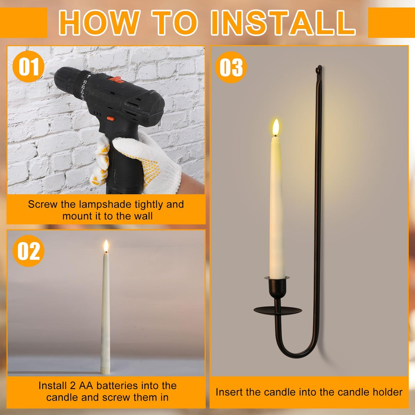 Tessco for you Metal Wall Mount Candle Sconces with 9.6" LED Flameless Taper Candles and Remote Timer 16.5" Wall Hanging Sconces Set for Living Room Fireplace Hallway Stairway(Black,2 Set)