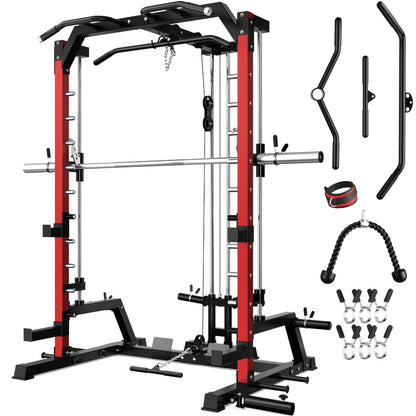 JELENS SR01 Smith Machine, 2000LBS Multi-Function Power Cage with LAT Pulldown System, All-in-One Home Gym Squat Rack with Smith Bar and Training Attachments (Red, SR01 Smith Machine)