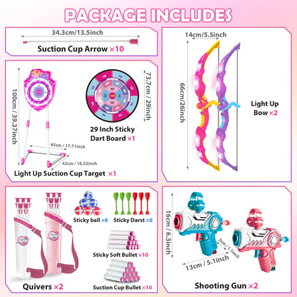 VATOS 2 Pack Bow and Arrow Toy with LED Light - 4 in 1 Archery & Dart Game Set with 20 Suction Cup Arrows, Mermaid Glow Target & Dart Board - Indoor/Outdoor Birthday Gift for Kids Boys Girls Ages 5-12