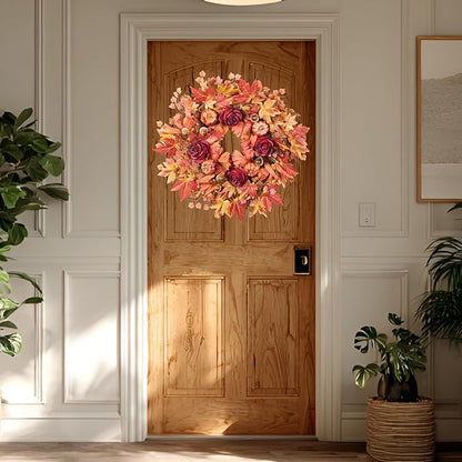 26'' Large Fall Wreath for Front Door, Autumn Wreaths for Outdoor Home Decor - Farmhouse Wreath with Maple Leaves, Pumpkins, Roses, Thanksgiving Decoration, Rustic Harvest Festival Door Hanging