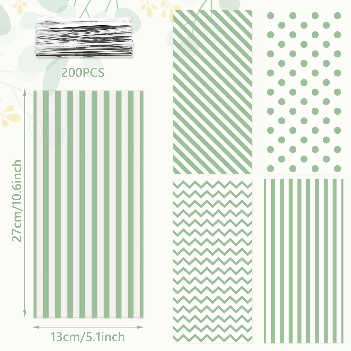 Whaline 160 Pcs Sage Green Cellophane Treat Bags Stripe Wave Dot Plastic Gift Bags Candy Goodie Bag with Twist Ties for Wedding Baby Shower Birthday Party Cookie Snack Packing Supplies, 5.1 x 10.6 Inch