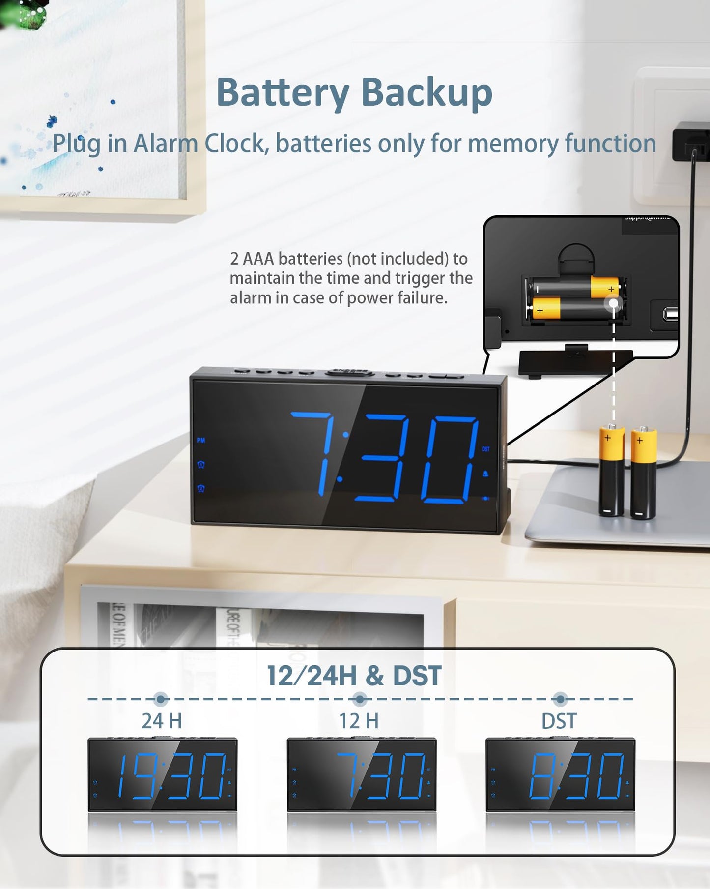 Roxicosly Loud Alarm Clock with Bed Shaker, Vibrating Alarm Clock for Heavy Sleepers/Hard of Hearing/Deaf,Dual Alarms, 7.5’’ Large LED Display, Dimmer, USB Charging Port, Plug-in with Memory Function
