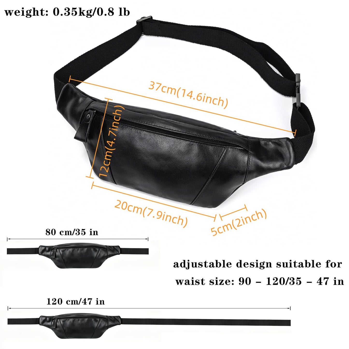 Genuine Leather Fanny Pack for Women & Men, Crossbody Waist Pack with Adjustable Strap, Hiking Hip Bum Belt for Travel, Hiking, Running