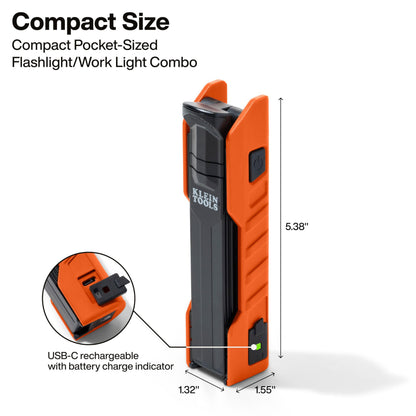 Klein Tools 56073 Foldable Handheld Work Light, 500-Lumen LED with 180-Degree Pivot and 270-Degree Rotation, USB-C Rechargeable Flashlight with Built-In Spotlight, Magnetic Base, IP54-Rated