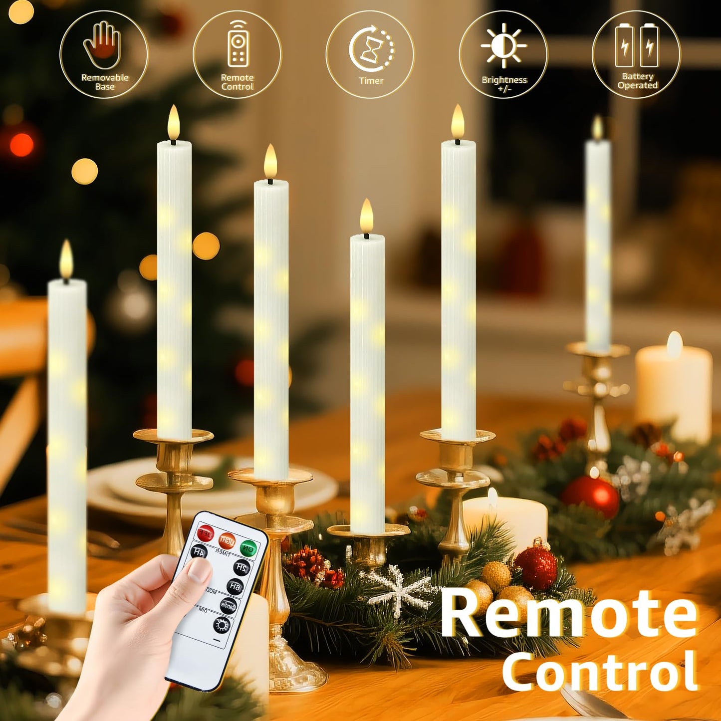 uuffoo 6 Pack Flameless Taper Candles with Remote Timer, Flickering Taper Candles Battery Operated Real Wax LED Fake Candles for Indoor Outdoor Home Wedding Fireplace Decor (Ivory, 0.9 X 9.6 Inch)