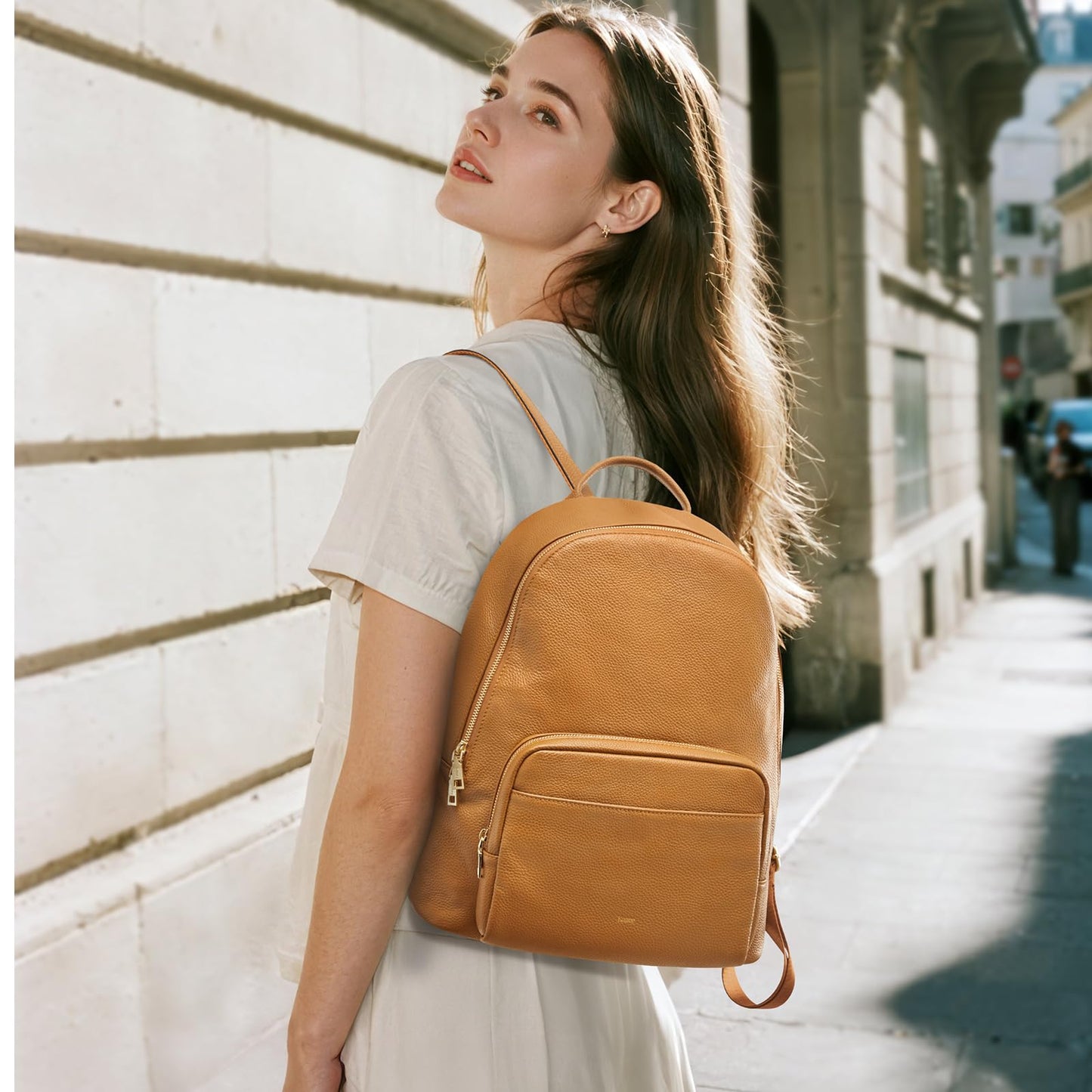 Kattee Leather Backpacks for Women,Fashion Multi-fuction Bag with Card Zipper Bag Attached at the Back for Travel Work Shopping and School, Brown