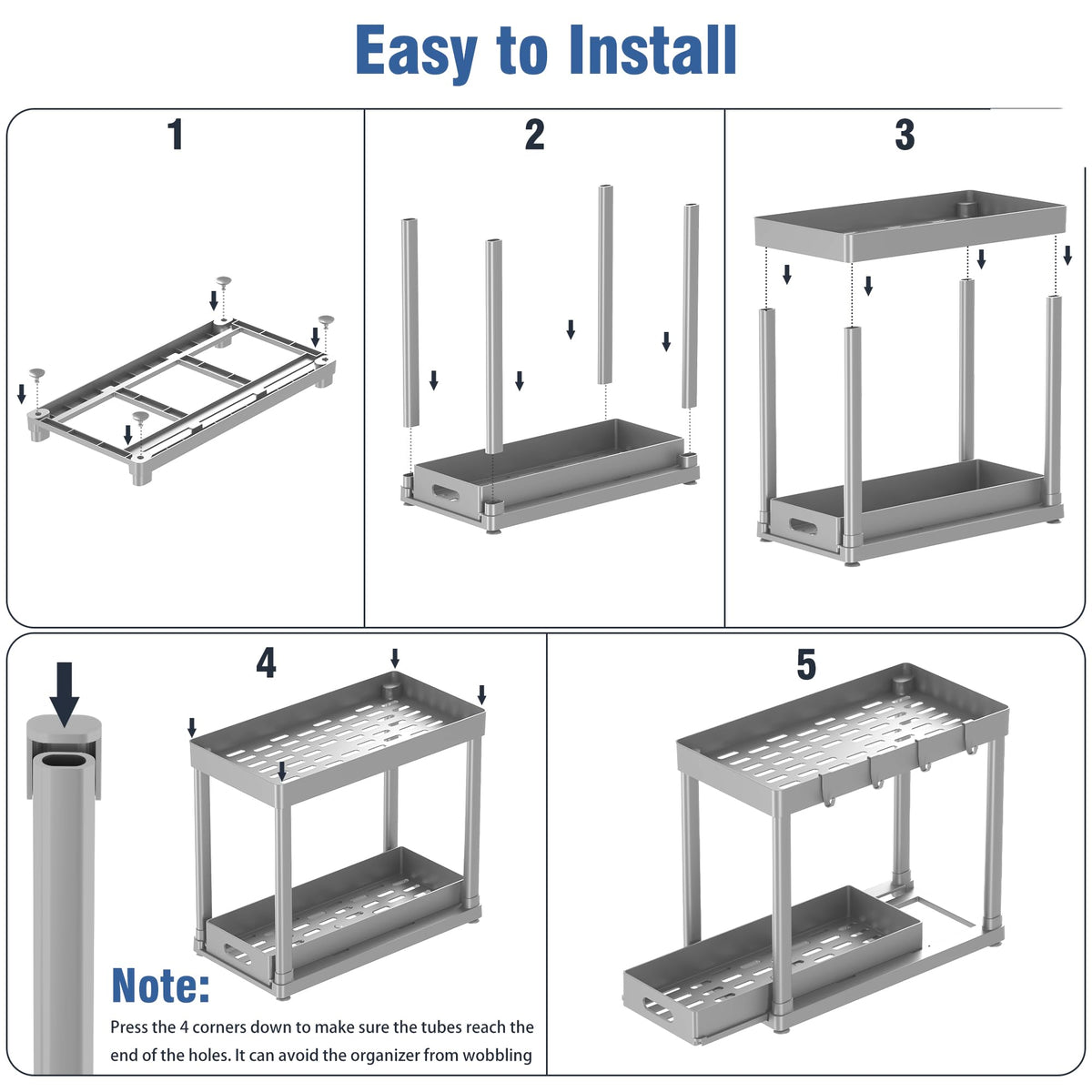 2PC Under Sink Organizer Rack 2 Tier Under Sliding Cabinet Basket Organizer Drawer with 4 Hooks, Multi-purpose Under Sink Storage for Bathroom Kitchen Desktop（Black）