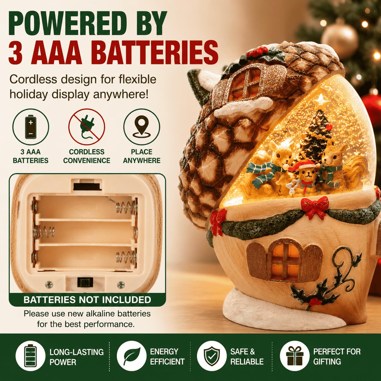 Christmas Pinecone Snow Globe Lantern with 6 Hours Timer, 3 AAA Battery Operated Glittering Water Globe, Lighted Squirrel Family Snow Globes for Xmas Mantel Tabletop Shelf Holiday Decorations Gifts