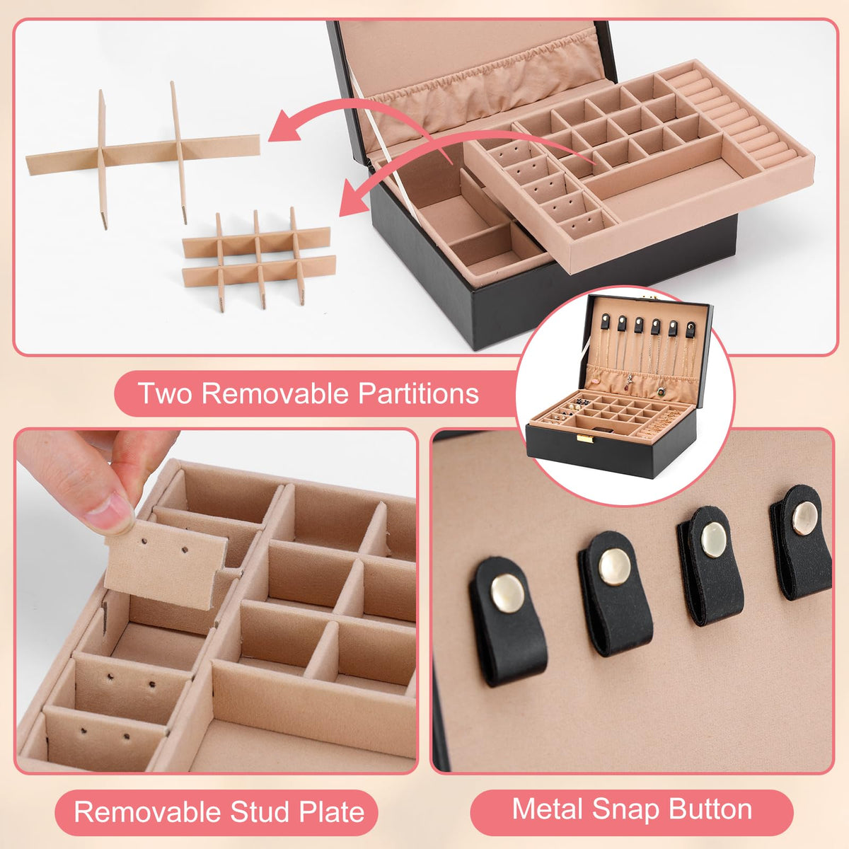 Gifturbo Jewelry Boxes for Women, Black 2-Layer Jewelry Organizer Box with Removable Tray, PU Leather Jewelry Storage Girls, Modern Style for Rings Earrings Necklace Bracelets, Gift Idea