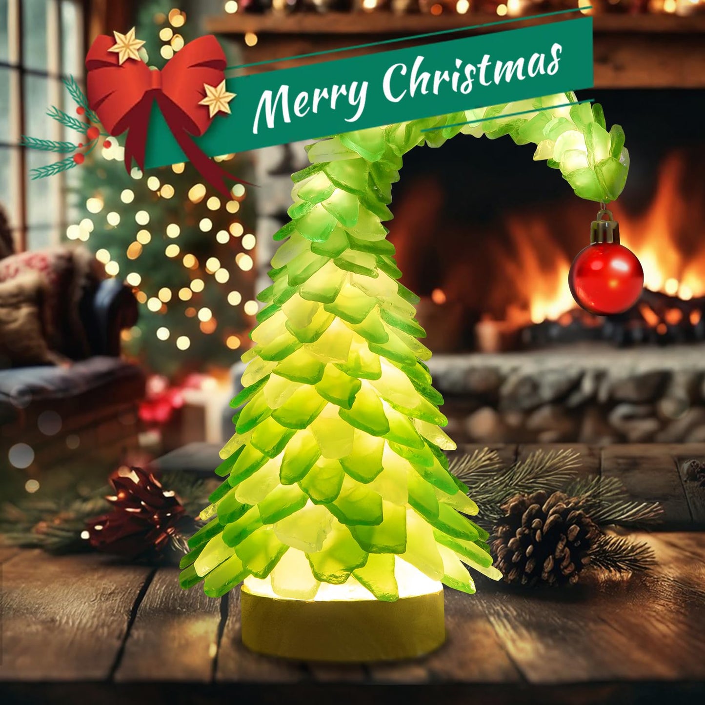 Crooked Sea Glass Christmas Tree with LED Lights - Handcrafted Whimsical Mini Green Christmas Tree, Ideal for Christmas, New Year, Coastal Holiday Decor & Gifts, Versatile Home Decor
