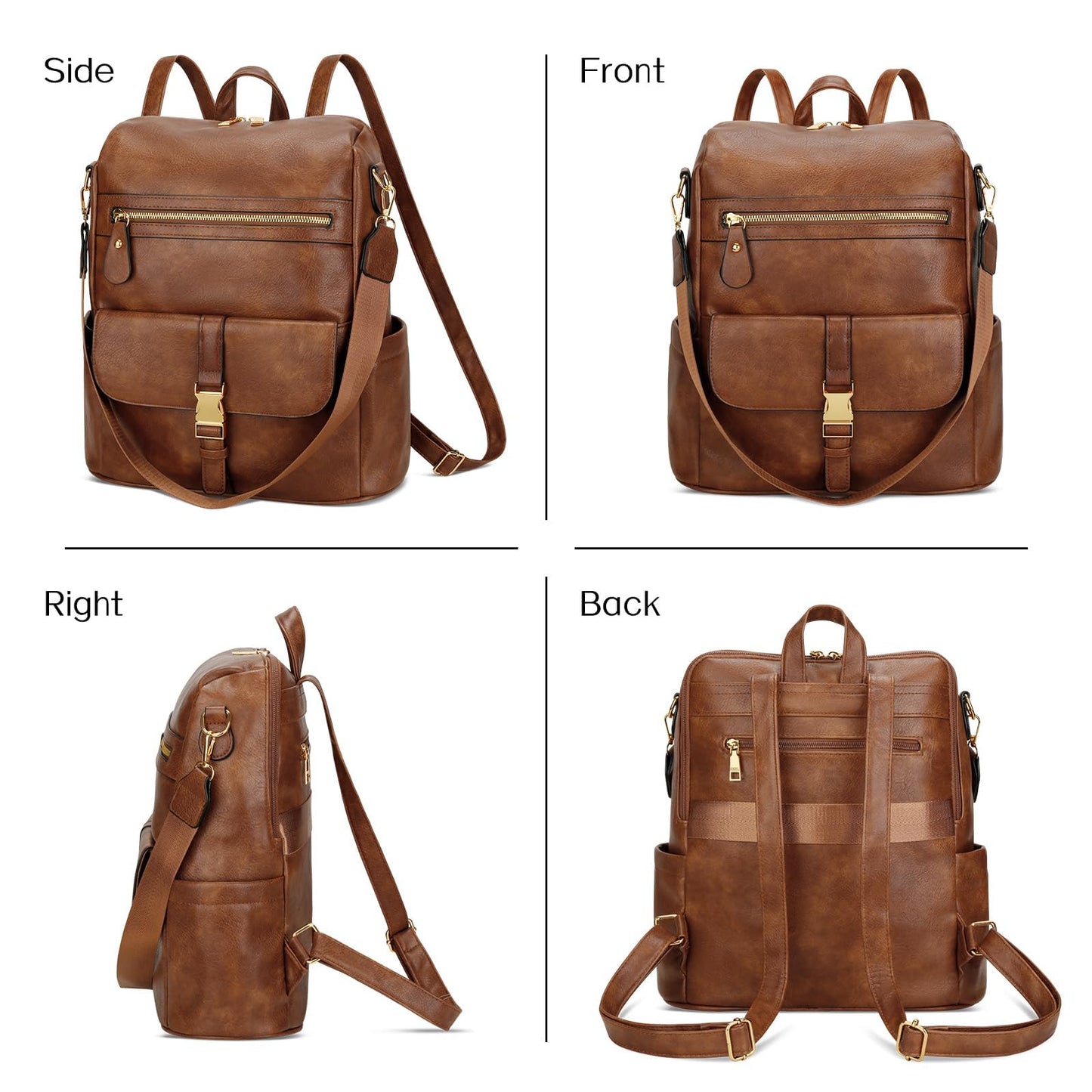 KKXIU Backpack Purse for Women - Multi-pocket Leather backpack for Travel, Work & School with Anti-Theft Lock Pocket, Luggage Strap & Water Bottle Pockets - 13x14x5.2 Inch (B-Brown)