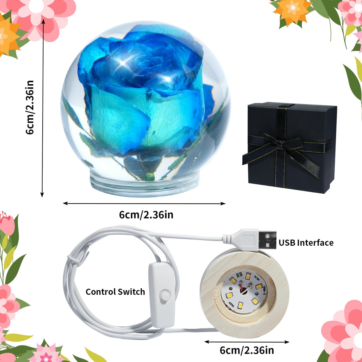 QNCMBUG Blue Rose Crystal Ball Night Light - Real Rose Encased in Glowing Resin Ball, USB-Powered Desk Lamp with Wood Base, Unique Gift for Valentine's Day, Mother's Day & Home Decor