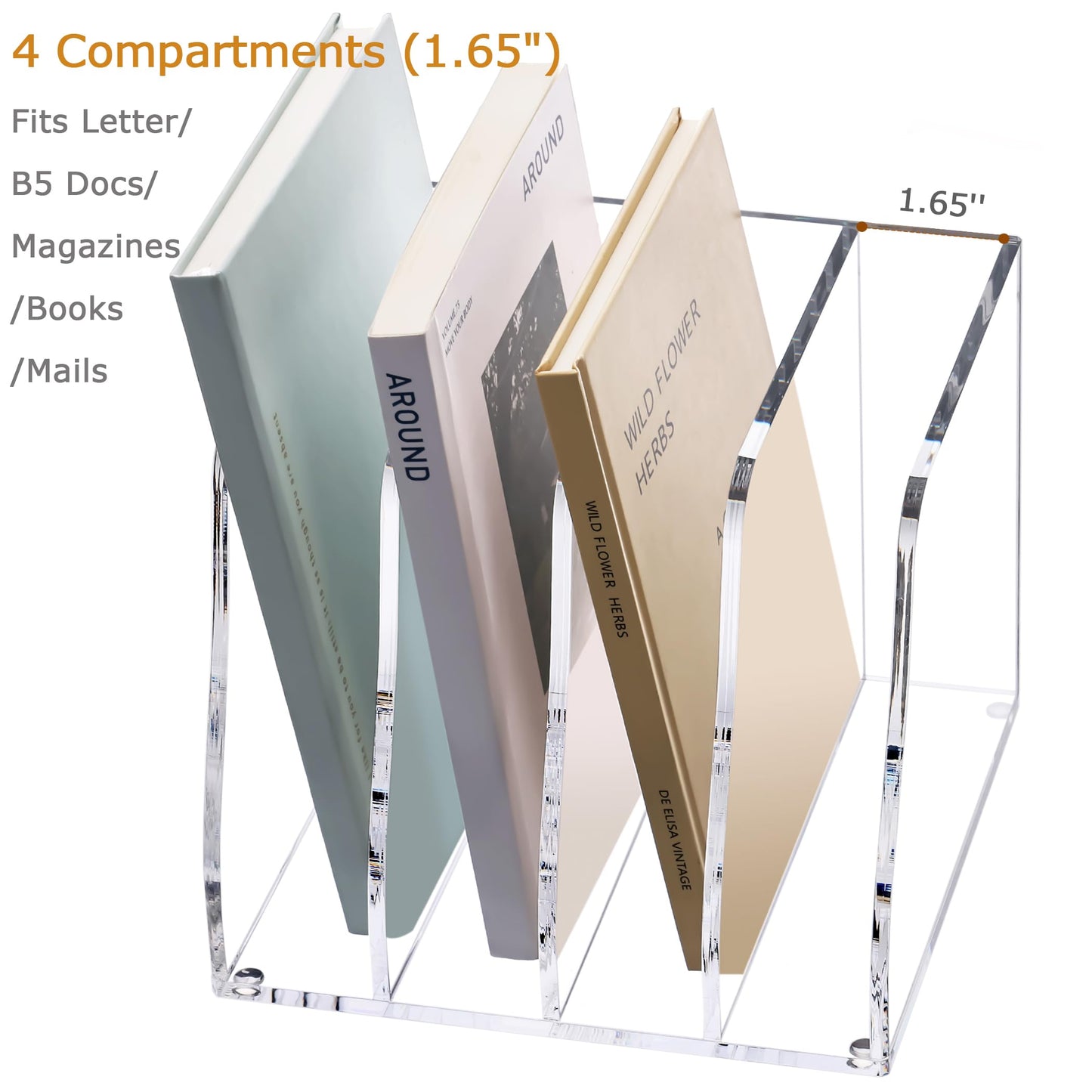 YUXUN Clear Acrylic File Folder Holder - 4 Vertical Compartments Desk Document Sorter, Upright Magazine Rack for Office/Home/Classroom, Stores Documents, Tablets, Magazines, Books & Accessories