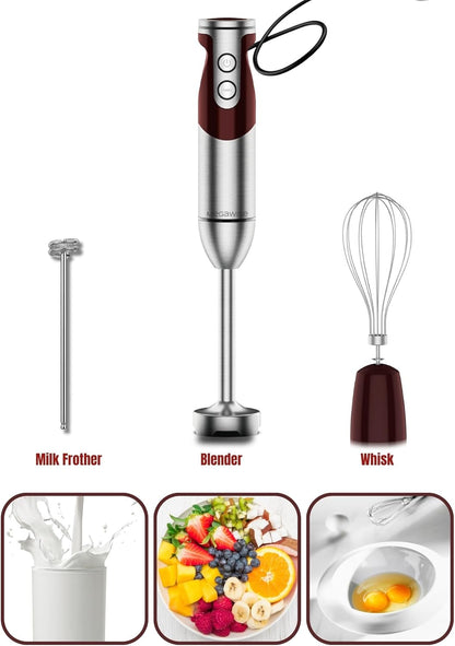 3- in-1 Immersion Hand blender, Powerful MOTOR & Stainless Steel Stick Blender, 4 Sharp Blades with Whisk, Milk Frother Attachments