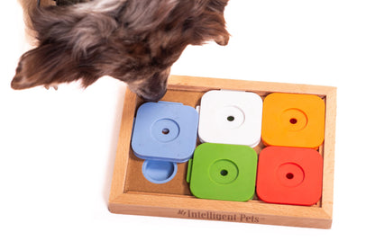 My Intelligent Dogs Interactive Sudoku Puzzle for Small Dogs and Cats - Advanced Brain Pet Toy - 6 Treat-Hiding Holes, Medium Wood and Plastic Design