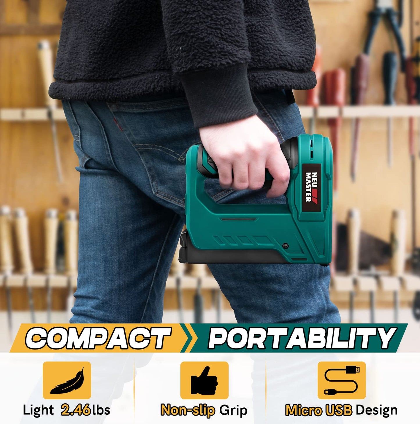 NEU MASTER Electric Staple Gun for Wood - Cordless Stapler Gun with T50 Staples, USB Charger, Heavy Duty Satple Gun for Upholstering, Crafts, DIY, Carpentry, Material Repair
