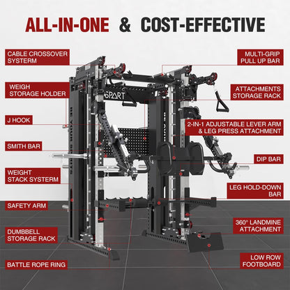 Commercial Smithe Machine with Weight Stack, All-in-One Power Cage Squat Rack Home Gym System with Leg Press Attachment & Cable Crossover, Multi-Functional Trainer with Dual Pulley System for Home Gym