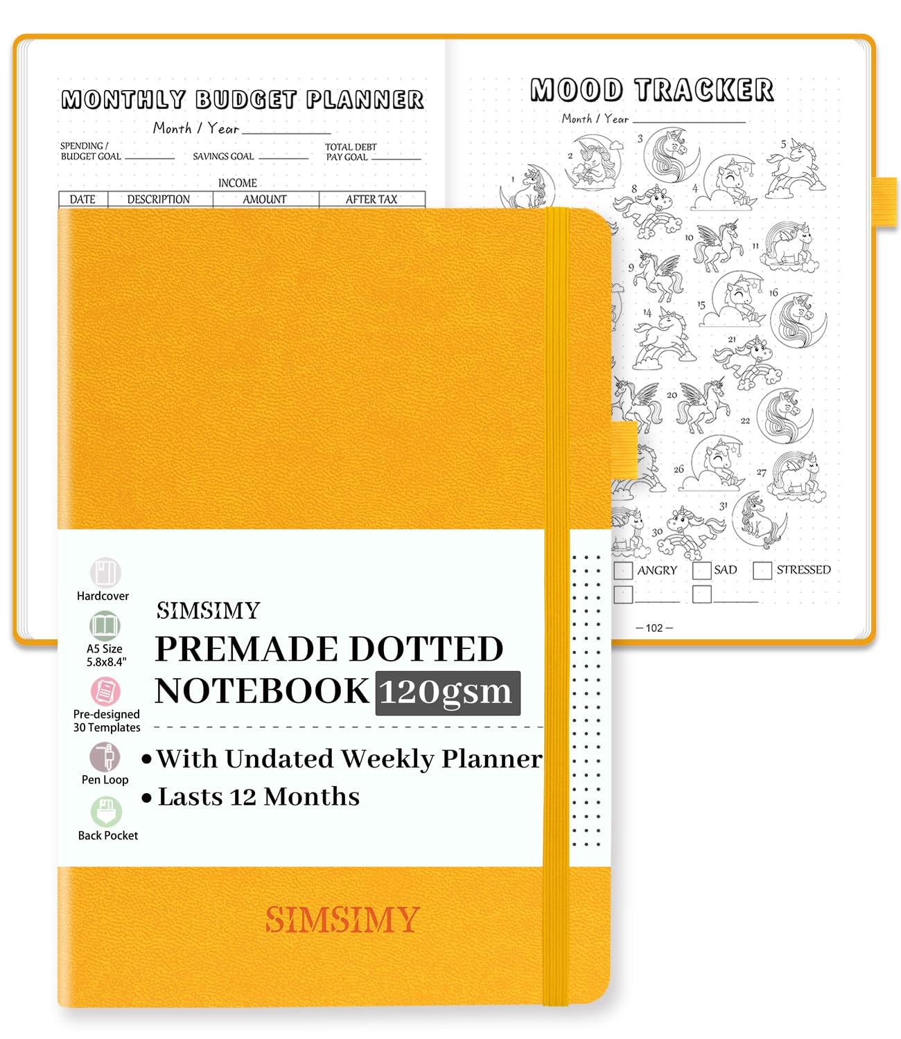 SIMSIMY Premade Bullet Dotted Journal Notebook, Pre-made Dot Grid Journaling with Undated Weekly & Monthly Planner, Various Trackers, Lasts 1 Year, A5