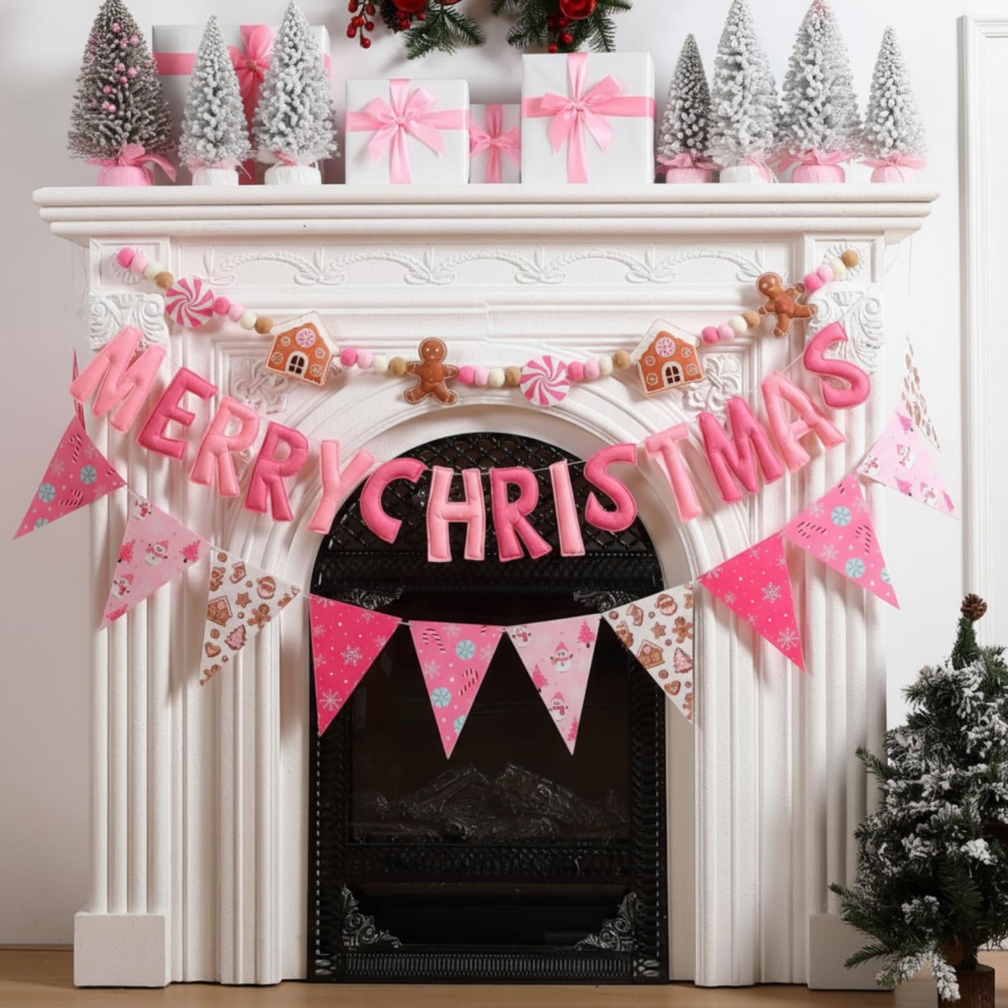 VitalCozy 3 Pcs Pre Strung Merry Christmas Banner Felt Merry Christmas Garland Felt Pennant Flag Xmas Sign Outdoor Indoor Decoration for Holiday Party Supplies Home Porch (Pink, White, Gingerbread)