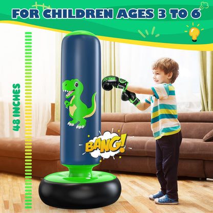 QPAU Inflatable Punching Bag, 48 Inch Stable Inflatable Boxing Bag for 3-6 Kids,Dinosaur Toy & Gifts for Boys and Girls, Kids Boxing Set for Practicing Karate, Taekwondo