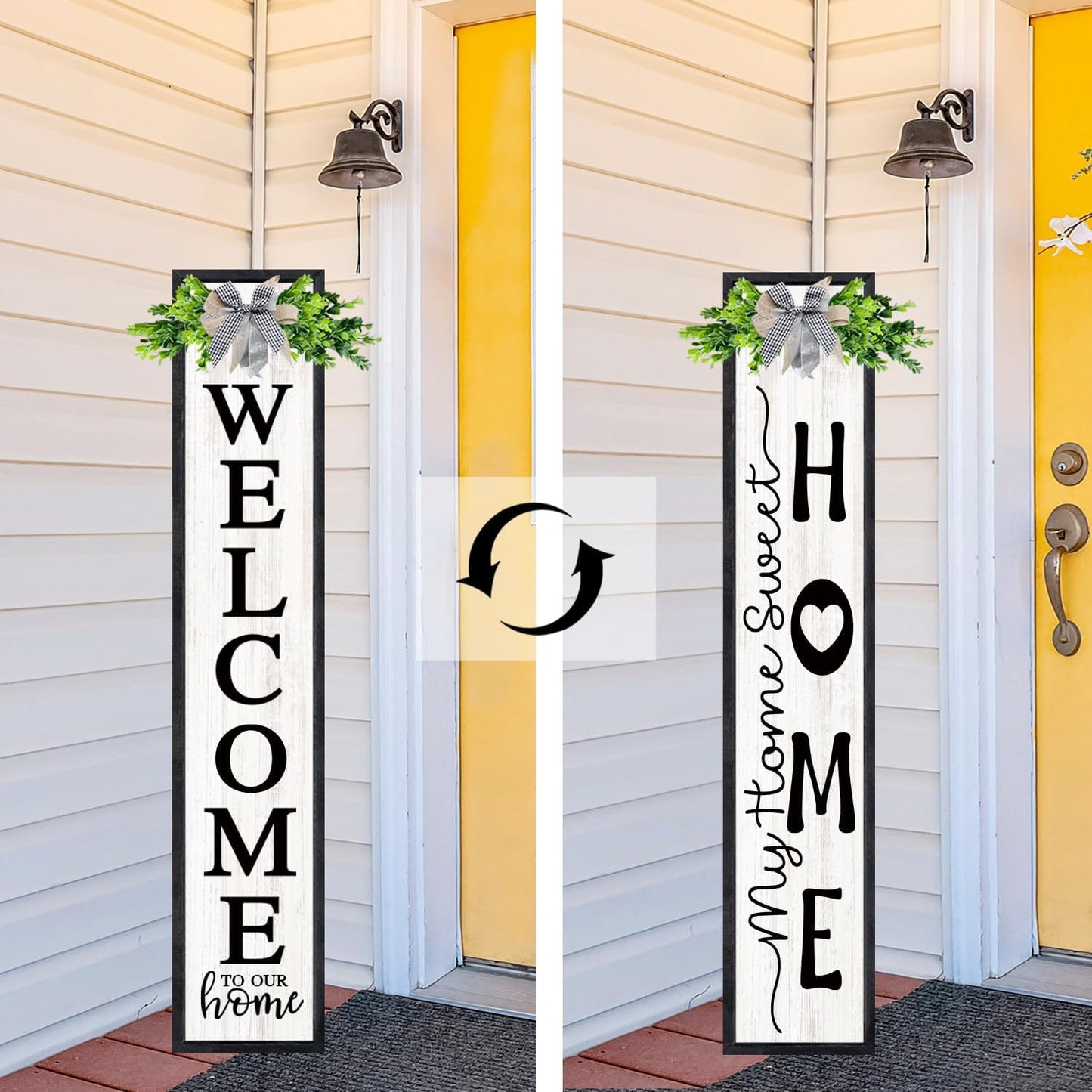 Double-sided Welcome Sign for Front Door, 45"X9" Wooden Welcome to Our Home Outdoor Welcome Signs for Porch with Magnetic-adhesive Wreath, 2in1 Vertical Tall Welcome Porch Sign, Black