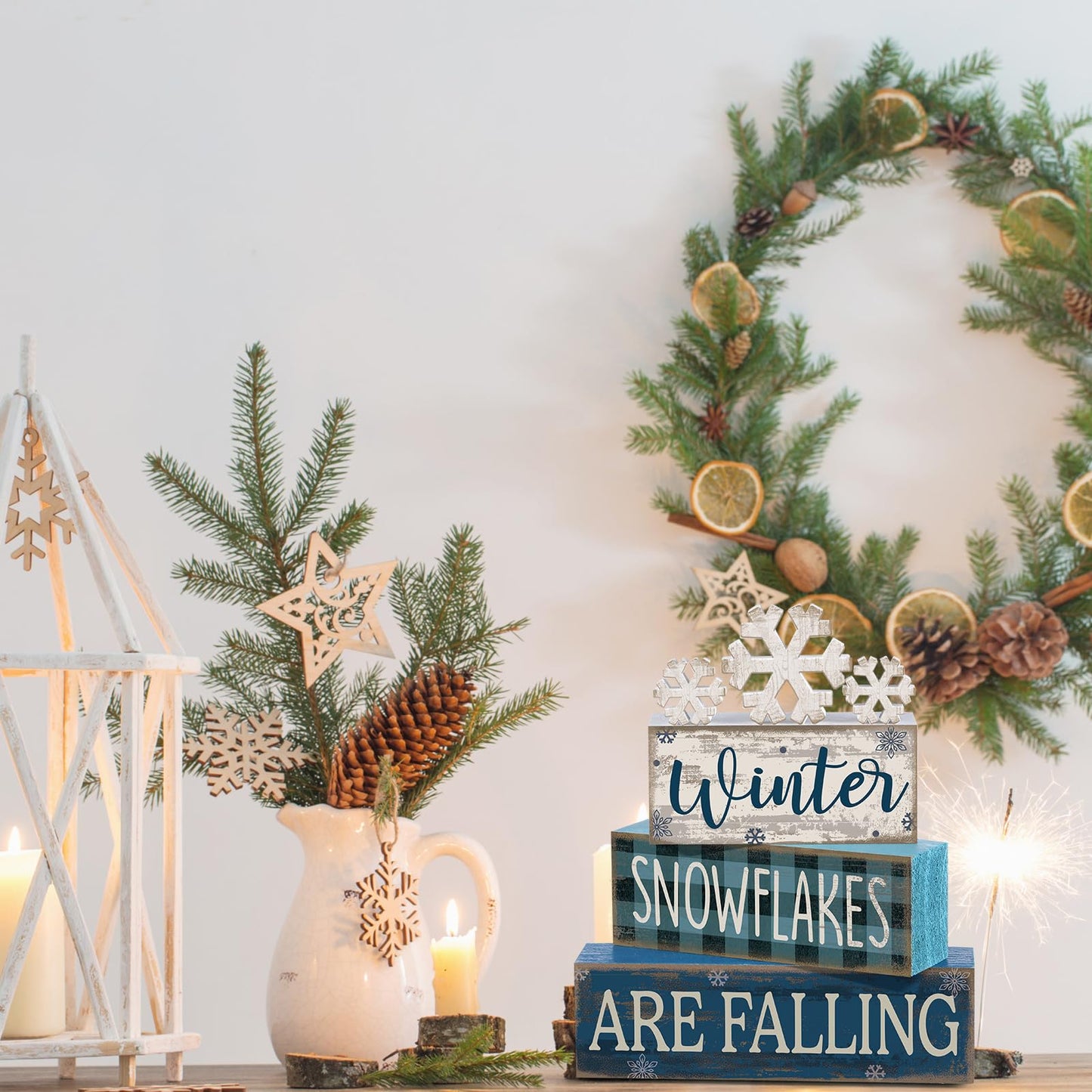 Yuntau 6 Pcs Winter Snowflakes Table Decorations Christmas Snowflake Centerpieces for Tables Winter Tiered Tray Decor Rustic Wood Snow Sign Farmhouse for Wonderland Party Kitchen Shelf Home