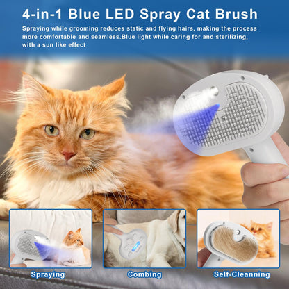 Pet Steam Brush for Shedding, 4 In 1 Brush for Long & Short Haired Cat&Dog, Self-Cleaning Hair Remover with Water Tank And LED Blue Light, Release Button(grey)