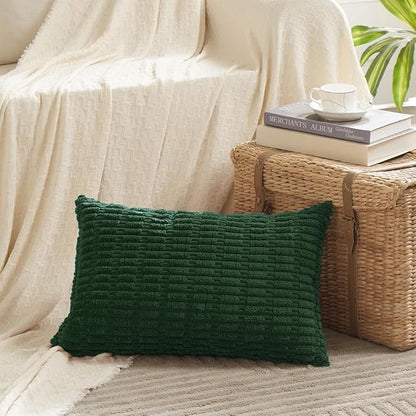 Fancy Homi Boho Dark Green Decorative Throw Pillow Covers 12x24 Inch for Couch Bed Sofa, Rustic Modern Farmhouse Home Decor, Soft Plush Corduroy Cute Square Cushion Case 30x60 cm