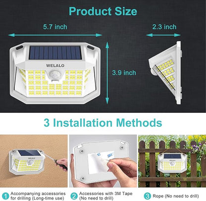 WELALO Solar Motion Sensor Lights Outdoor, [3 Modes/4 Pack/188 LED] 270° Wide Angle Lighting, Security Solar Powered Wall Lights, IP65 Waterproof Flood Lights for Fence Porch Yard Patio(White)