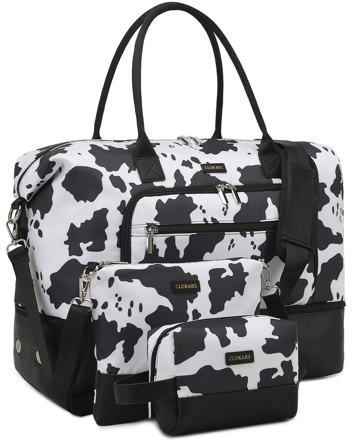 CLOKARS Weekender Bags for Women, Travel Duffle Bag Carry On Overnight Bag with Cosmetics Bag and Crossbody Purse for Gym Hospital, Gifts for Women, Cow Print Black