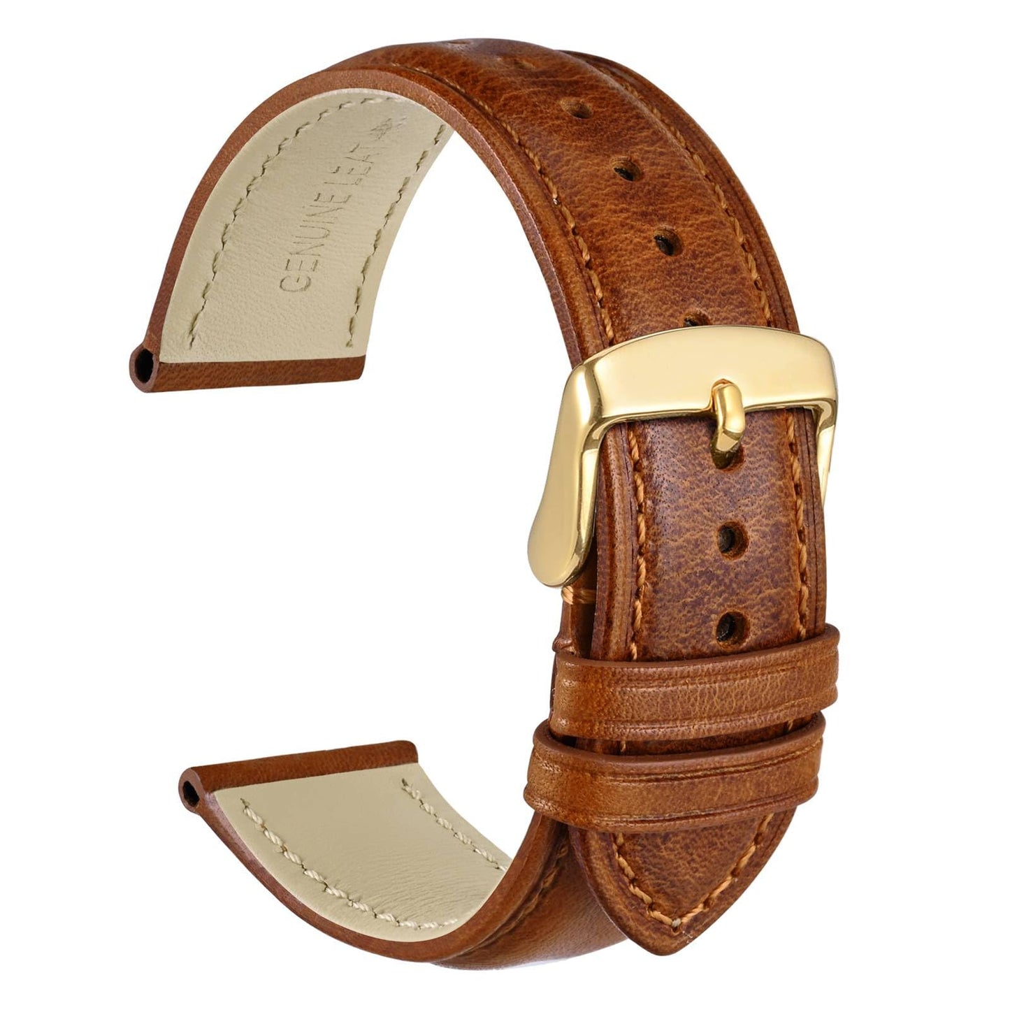 WOCCI 20mm Vintage Leather Watch Band for Men and Women, Gold Buckle (Gold Brown)