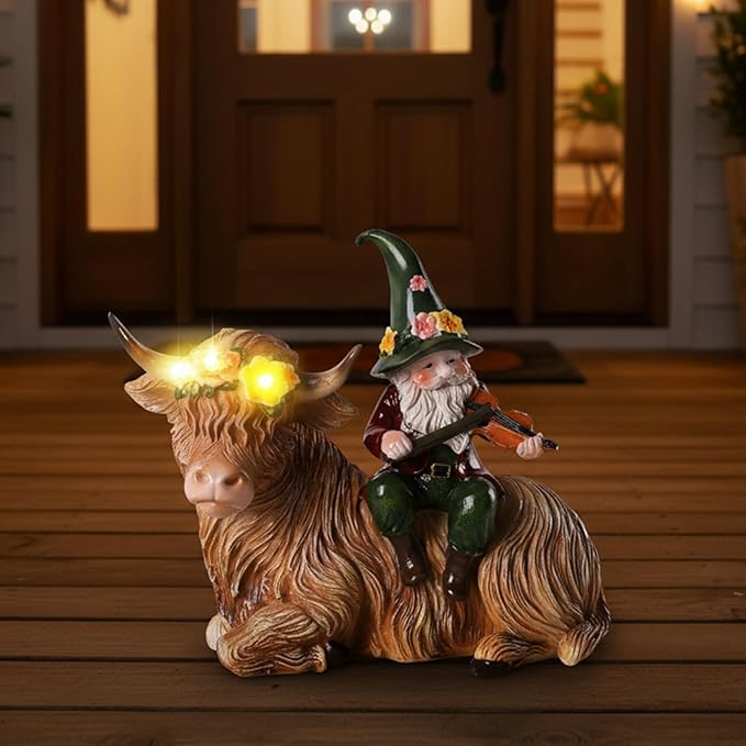 Solar Highland Cow Figurines for Garden with Gnome Playing the Violin 6.7"Resin Garden Gnomes Outdoor Patio Yard Lawn Porch Decor Birthday Housewarming Gifts for Women Mom Grandma Wife Sister Friend